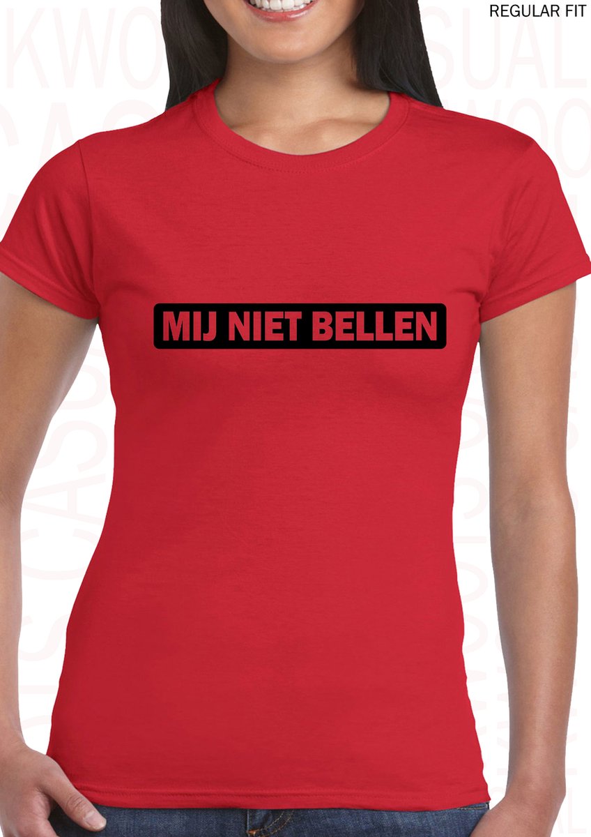 MIJ NIET BELLEN dames shirt – Maat L - Rood met zwart - Korte mouwen - Ronde hals - Regular Fit - Grappige teksten - Quotes - Kwoots - Humor - Tekst shirt - Cadeau - Martien Meiland - Chateau Meiland | Bijstand